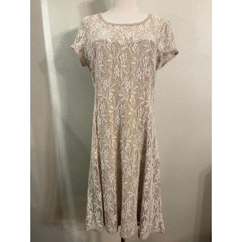 SUNDANCE Dress | Ivory Lace Sweetheart Midi Lined Short Sleeve Romantic | LARGE - Picture 2 of 9